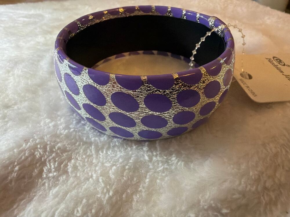 Y2K Chunky Purple Silver Polka Dot Bangle Bracelet Wide Statement Jewelry NEW
